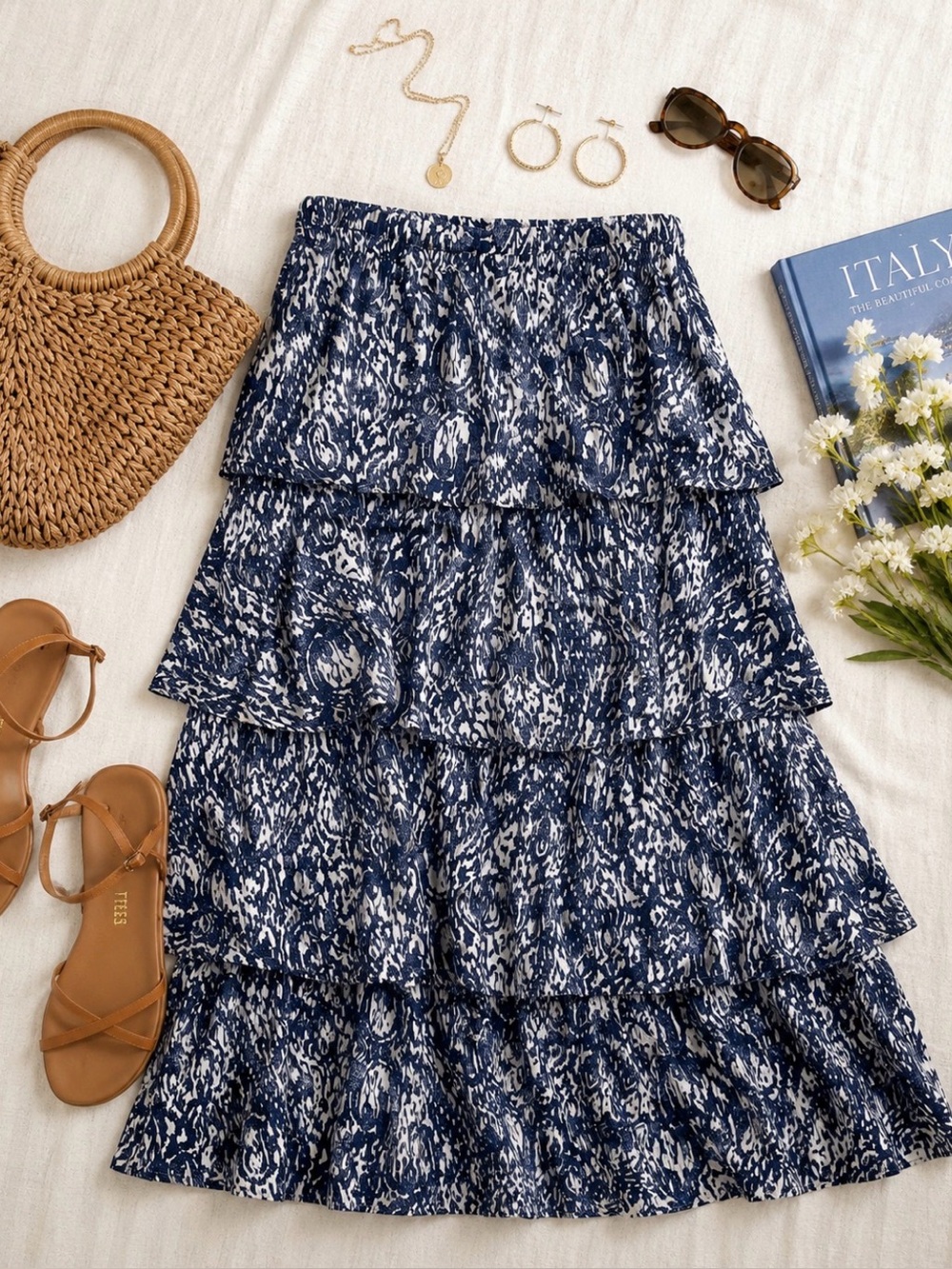 Abercrombie & Fitch Tiered Cotton Midi maxi Skirt Blue White Boho Resort M